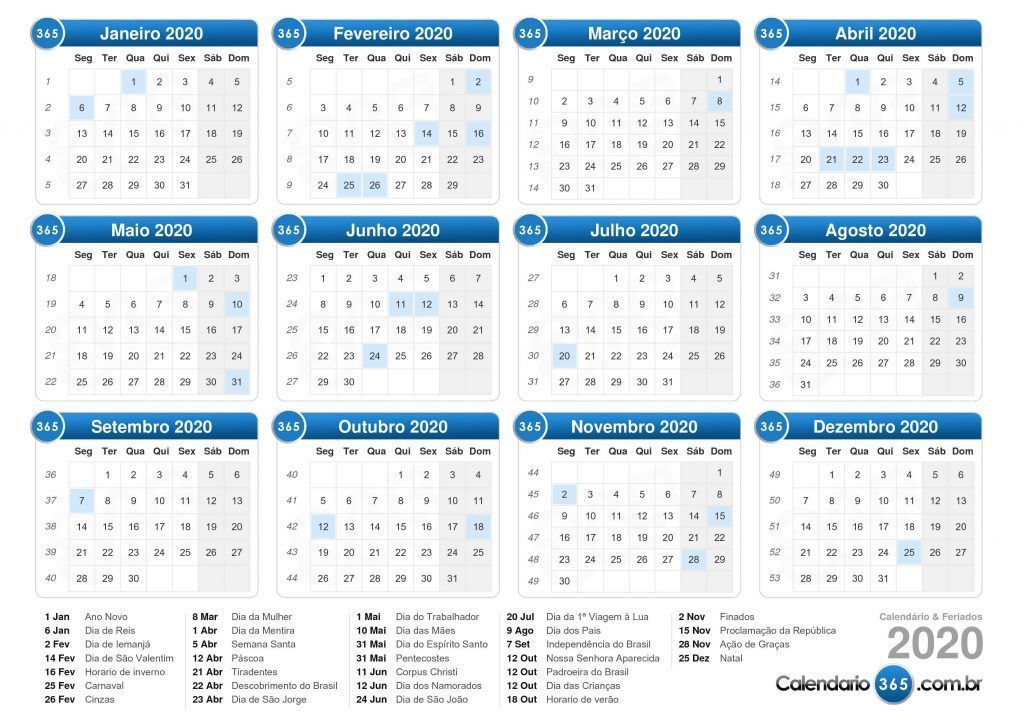 Calendário feriados 2020