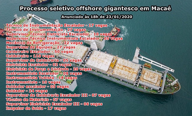Novo processo seletivo offshore gigantesco em Macaé com vagas de emprego atualizadas às 18h de hoje, 23 de janeiro97 vagas de emprego atualizadas às 18h de hoje, 23, para atender parada de manutenção offshore em Macaé