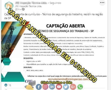 Empresa do ramo de inspeção industrial inicia processo seletivo na área de Segurança dos Trabalho