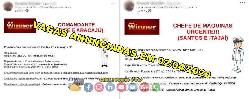 Vagas de emprego URGENTES e admissões IMEDIATAS para marítimos de Recife, Aracajú, Santos e Itajaí neste dia, 02 de abril