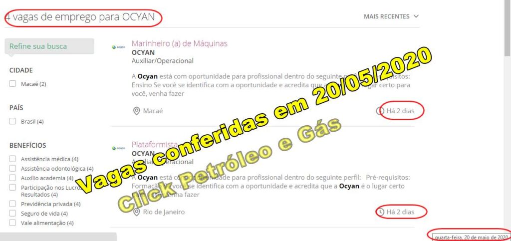Contratos offshore em Macaé e Rio de Janeiro da Ocyan, demanda vagas de emprego neste dia, 20 de maio