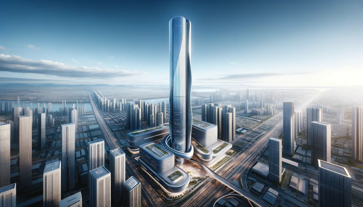 Vista aérea de uma cidade moderna com um arranha-céu futurista de mais de meio quilômetro de altura, dominando a paisagem urbana