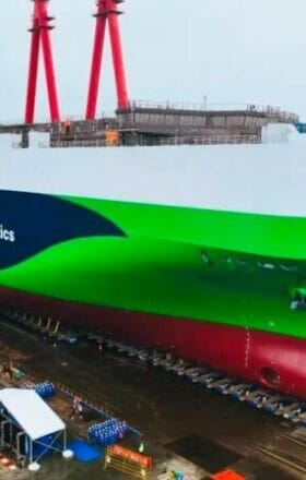 O novo navio transportador de automóveis da SAIC Anji foi lançado junto da gigante chinesa Jiangnan Shipbuilding. A embarcação movida a GNL será essencial para diversificar os combustíveis no transporte marítimo.