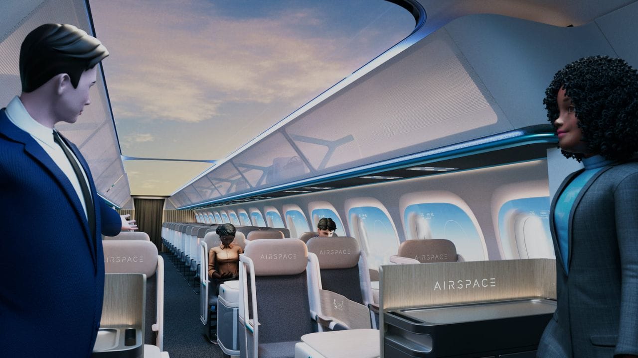 Airbus está investindo em tecnologia de cabine, com telas que simulam um teto transparente, oferecendo aos passageiros uma visão panorâmica do céu