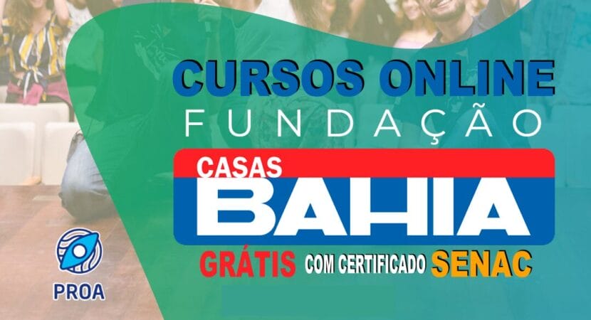 Banner promocional destacando cursos online gratuitos da Fundação Casas Bahia com certificação do SENAC e encaminhamento para vagas de emprego.