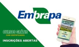 Logotipo da Embrapa e mão segurando smartphone exibindo curso online, com texto destacando cursos EAD gratuitos e inscrições abertas."