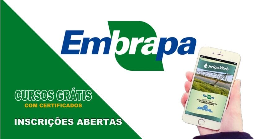 Logotipo de Embrapa y teléfono inteligente en mano que muestra el curso en línea, con texto que destaca los cursos gratuitos de aprendizaje a distancia y las inscripciones abiertas."