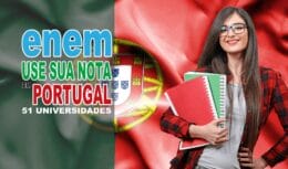 Estudante sorridente com livros em frente à bandeira de Portugal e o texto "ENEM - use sua nota em Portugal - 51 universidades