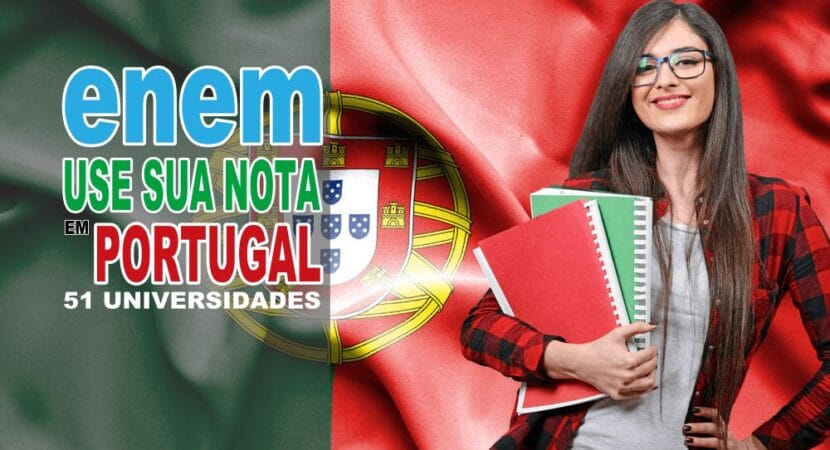 Estudante sorridente com livros em frente à bandeira de Portugal e o texto "ENEM - use sua nota em Portugal - 51 universidades