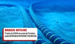 Cabos submarinos no fundo do mar, representando a conexão de internet entre o Brasil e Europa , com destaque para o risco de uma usina em Fortaleza causar apagão de internet no país