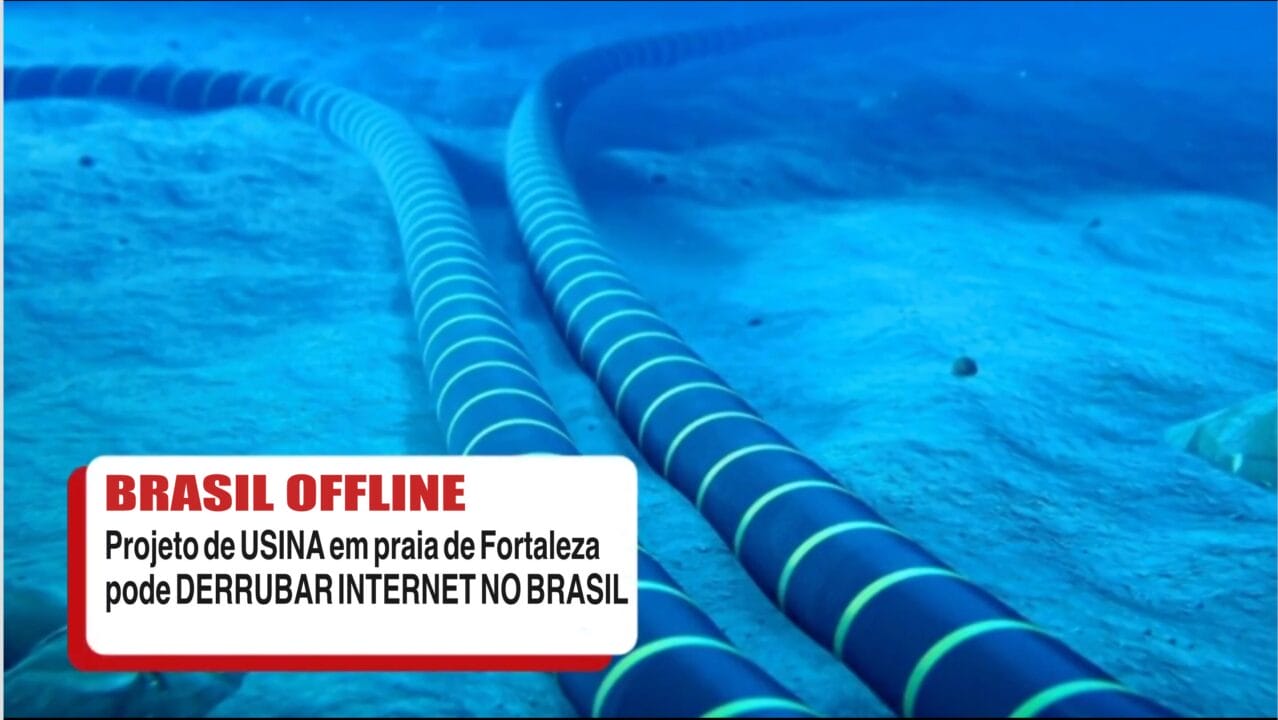 Cabos submarinos no fundo do mar, representando a conexão de internet entre o Brasil e Europa , com destaque para o risco de uma usina em Fortaleza causar apagão de internet no país