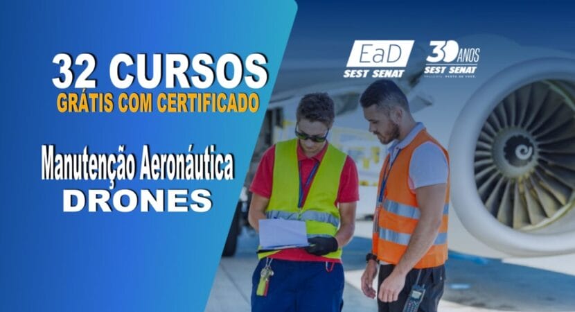 Dois profissionais da manutenção aeronáutica analisando documentos com um motor de aeronave ao fundo, promovendo os cursos gratuitos online do Sest Senat