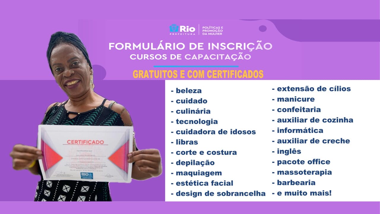 9,1 mil vagas em 40 cursos gratuitos com certificação em inglês, barbearia, corte e costura, depilação, maquiagem, estética, design de sobrancelha, extensão de cílios, manicure, confeitaria e muito mais!