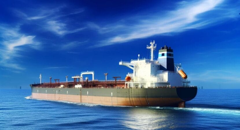 Navio petroleiro moderno navegando em um oceano calmo sob um céu azul claro, simbolizando a carreira marítima e as aventuras globais.