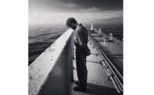 Profissional marítimo exausto em um navio petroleiro, destacando o desgaste físico e emocional devido à longa escala de trabalho