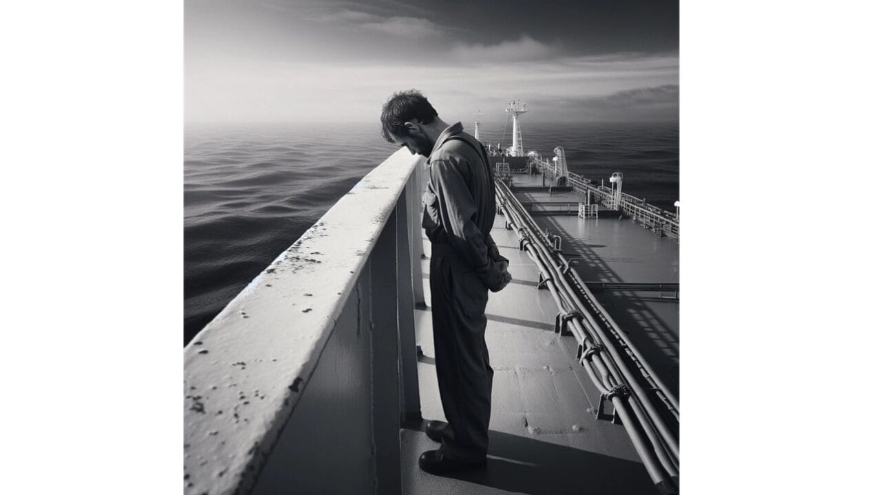Profissional marítimo exausto em um navio petroleiro, destacando o desgaste físico e emocional devido à longa escala de trabalho