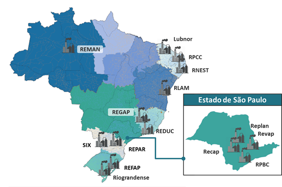 Mapa ilustrativo do Brasil destacando a localização das refinarias da Petrobras em todo o território nacional