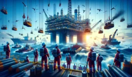 Plataforma de petróleo e gás offshore com trabalhadores seguros