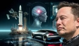 Inovações futuristas da Tesla, SpaceX e Neuralink em um laboratório de alta tecnologia, com um carro Tesla, foguete SpaceX e chip Neuralink.