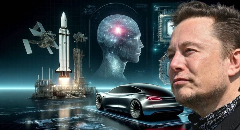Inovações futuristas da Tesla, SpaceX e Neuralink em um laboratório de alta tecnologia, com um carro Tesla, foguete SpaceX e chip Neuralink.