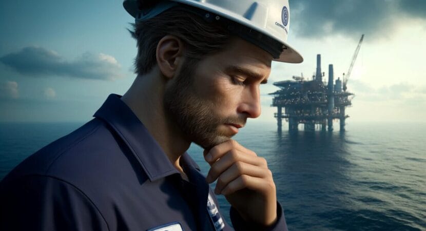 Trabalhador de hotelaria offshore com expressão pensativa, com a mão no rosto e capacete branco, frente a uma plataforma de petróleo e oceano ao fundo