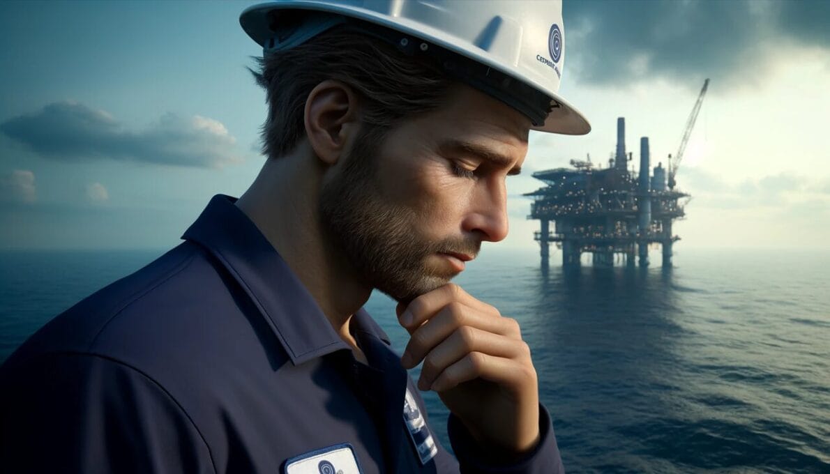 Trabalhador de hotelaria offshore com expressão pensativa, com a mão no rosto e capacete branco, frente a uma plataforma de petróleo e oceano ao fundo