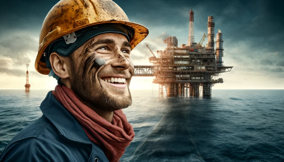 Imagem de uma plataforma de petróleo offshore com um trabalhador em primeiro plano, com o rosto sujo de petróleo, olhando para o horizonte. O fundo inclui a vasta extensão do mar e a plataforma de petróleo.