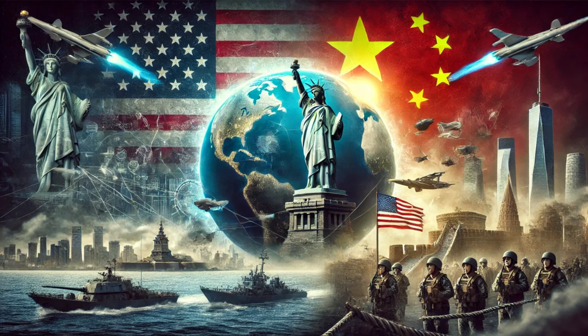 Cena geopolítica tensa retratando os EUA e a China à beira da Terceira Guerra Mundial, com bandeiras, elementos icônicos e militares.