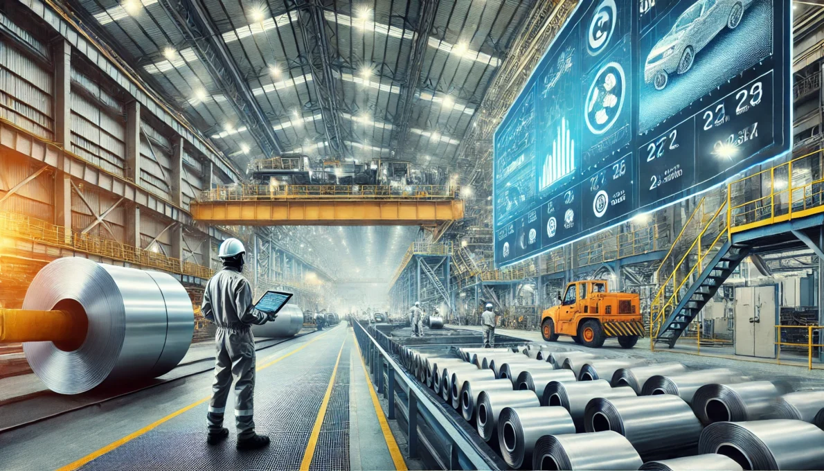 Fábrica de aço moderna no Brasil, com foco na indústria automotiva, mostrando trabalhadores e tecnologia avançada.