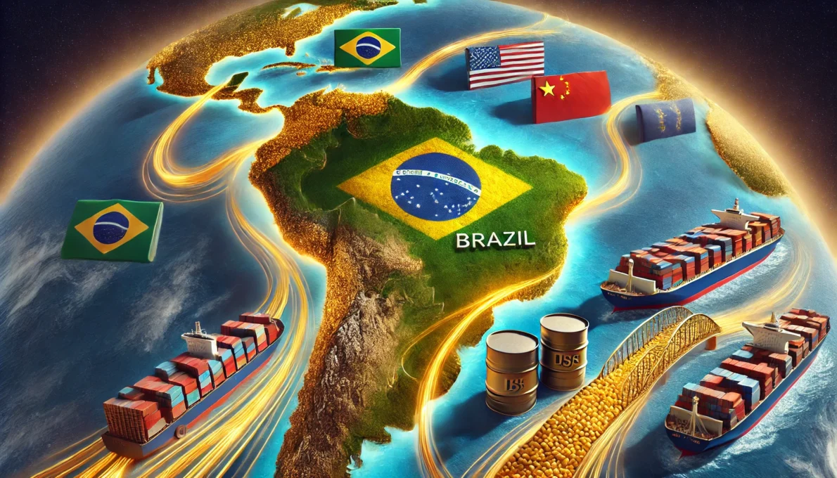 Ilustração realista mostrando as conexões econômicas do Brasil com China, EUA e União Europeia através de commodities.