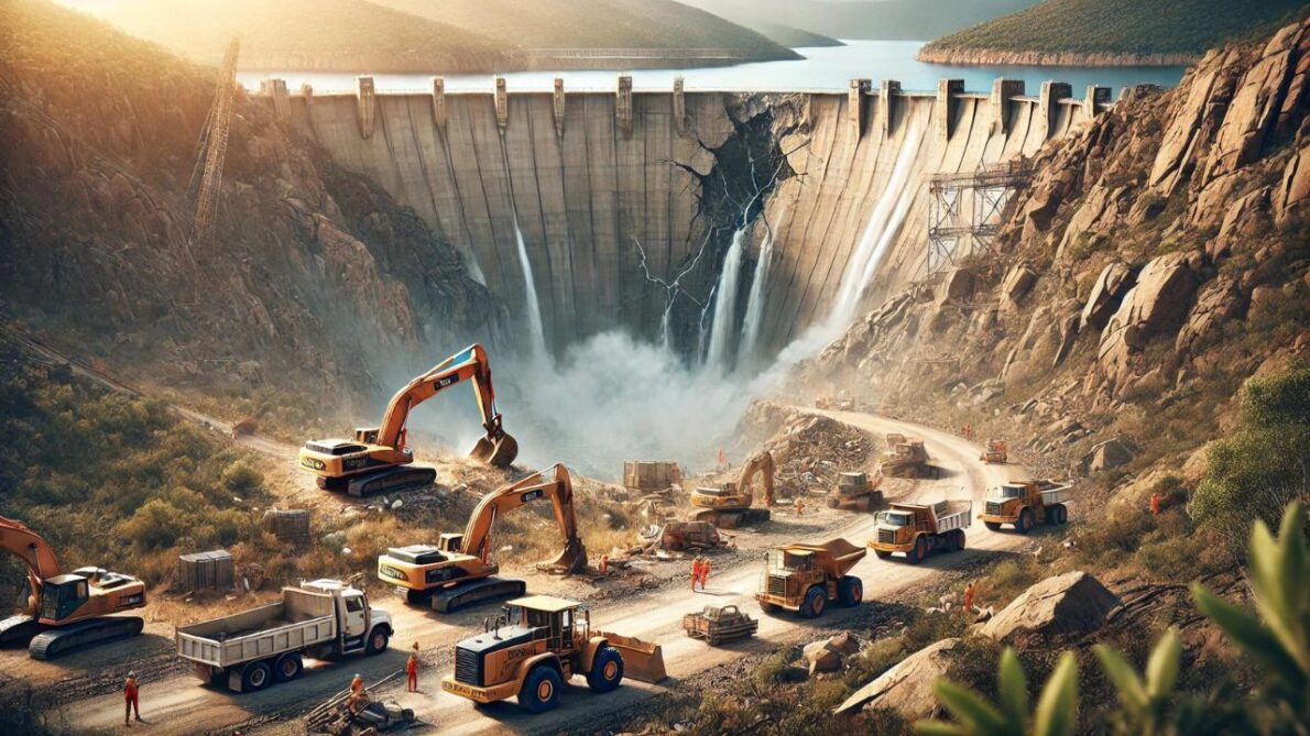 Construção e reparo de uma barragem falida na Austrália; projeto visa aumentar a capacidade para 300 gigalitros