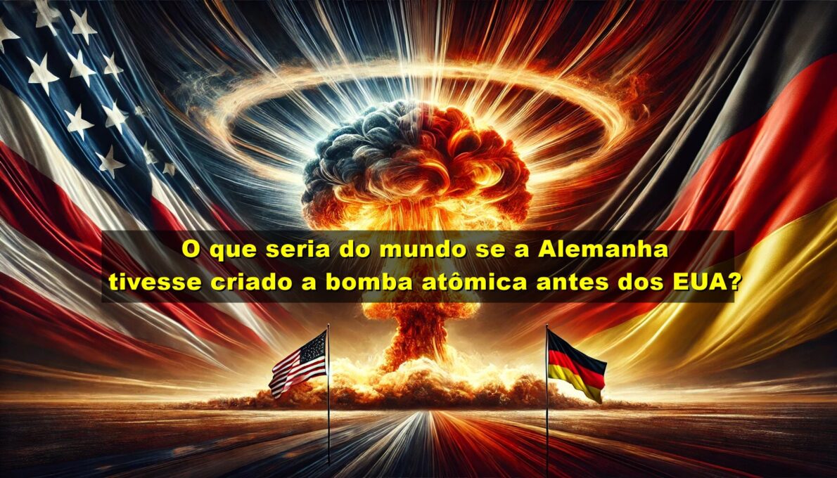 epresentação abstrata de uma explosão de bomba atômica com as bandeiras dos EUA e da Alemanha ao vento, destacando o impacto da tecnologia nuclear