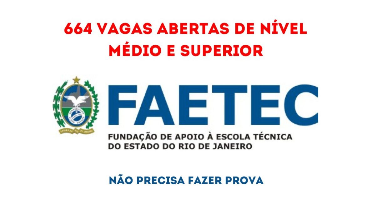 A FAETEC-RJ abriu processo seletivo com 664 vagas em diversos cargos de níveis médio e superior, além de cadastro de reserva