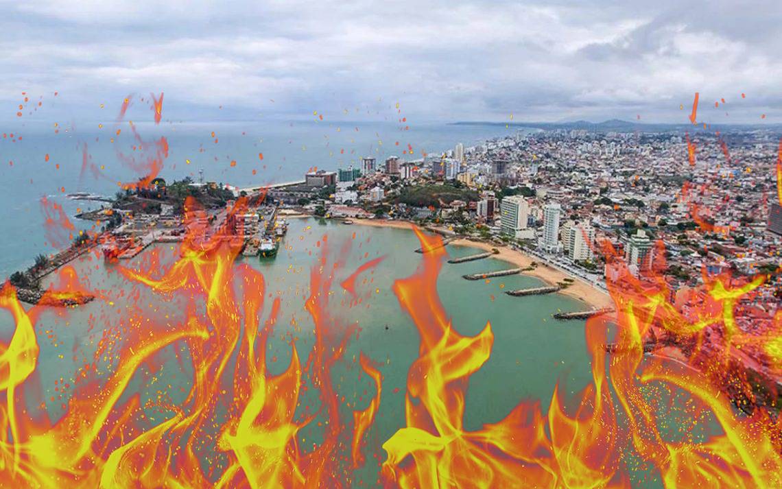 A imagem mostra o cidade de Macaé em chamas com a vista principal para uns do maiores símbolos do petróleo na cidade, o porto de Imbetiba