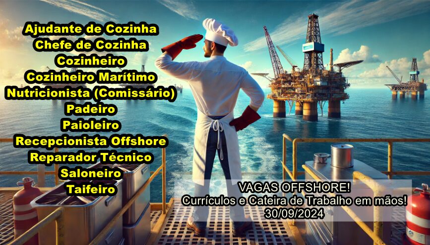 Cozinheiro offshore saudando uma grande oportunidade com plataformas de petróleo e navios FPSO ao fundo.