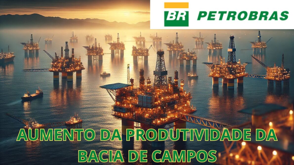 Vista de um campo petrolífero offshore no Brasil, capturado de um navio, destacando plataformas de produção em operação.