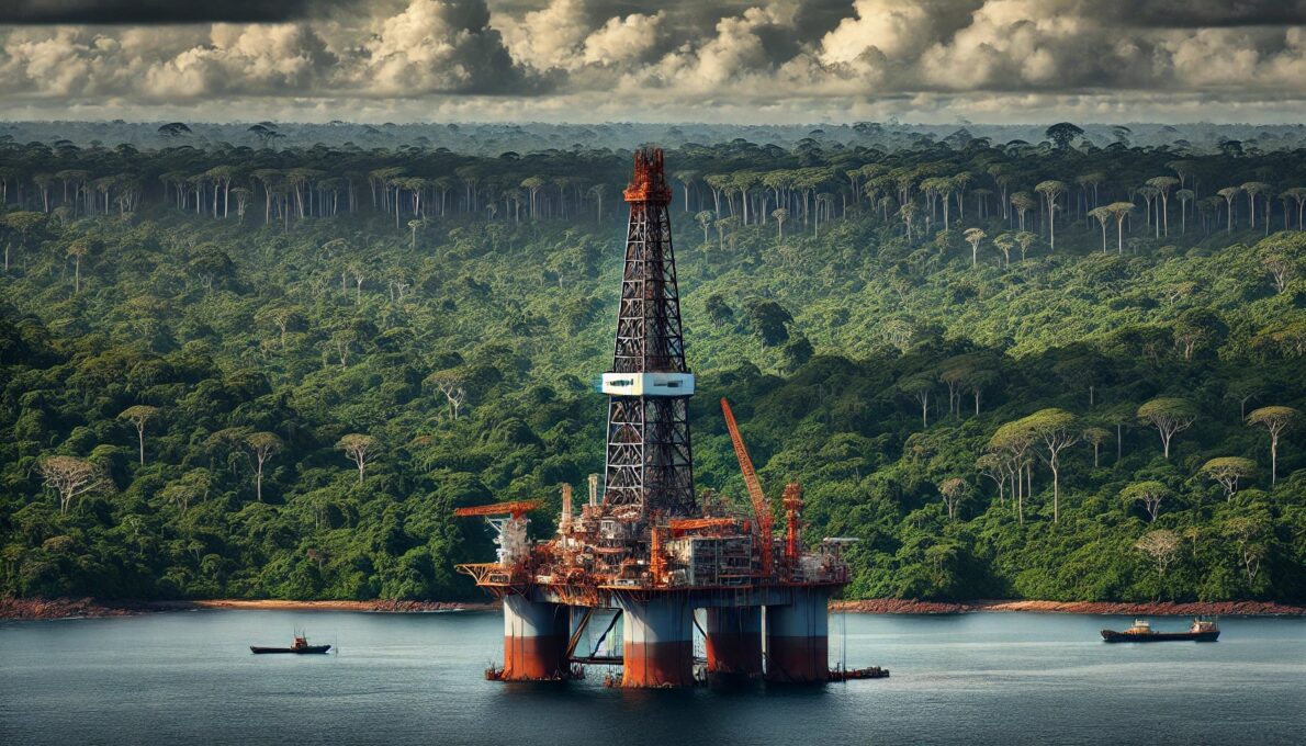 Cena de uma sonda de perfuração offshore contrastando com a floresta do Amapá ao fundo para arrecadar royalties do petróleo