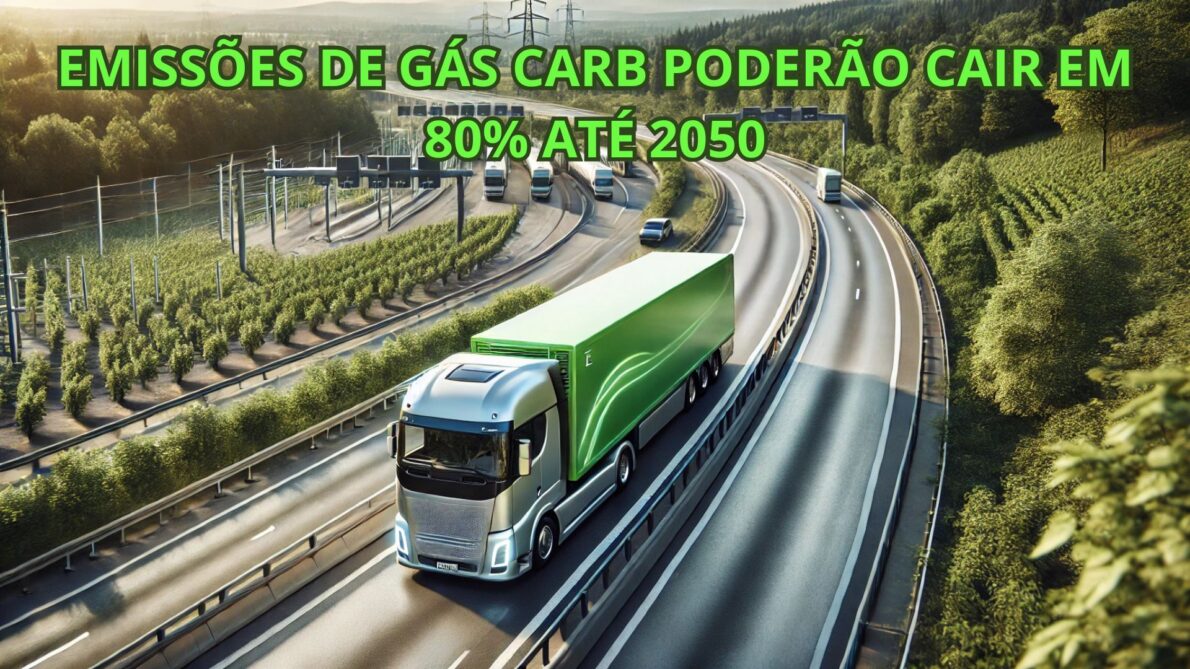 Retrato fotorealista de transporte de carga sustentável alimentado por hidrogênio verde em uma rodovia de emissão zero.