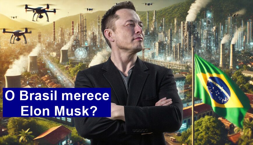 Retrato fotorrealista de Elon Musk em um Brasil futurista em plena revolução industrial e tecnológica, com bandeira do Brasil ao fundo