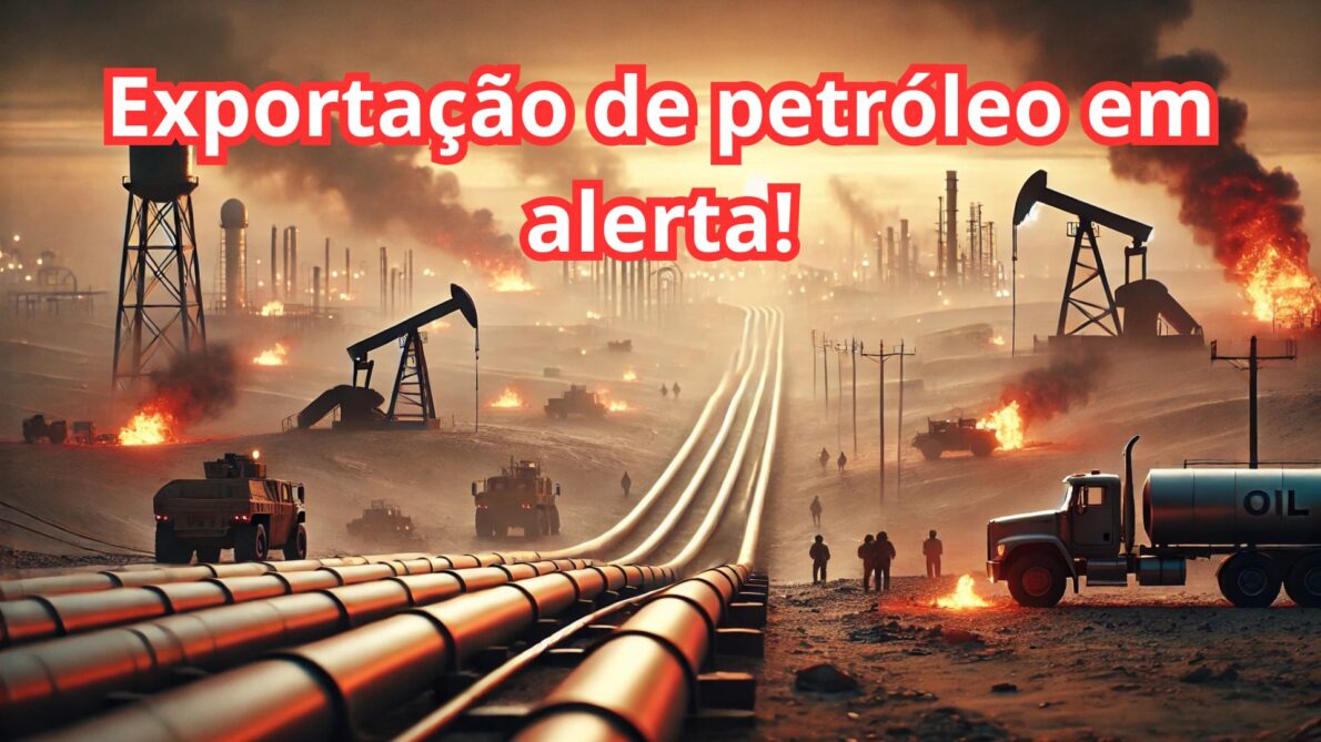 Conflitos no Oriente Médio afetando a distribuição global e o preço do petróleo com oleodutos, desertos e destruição visíveis.