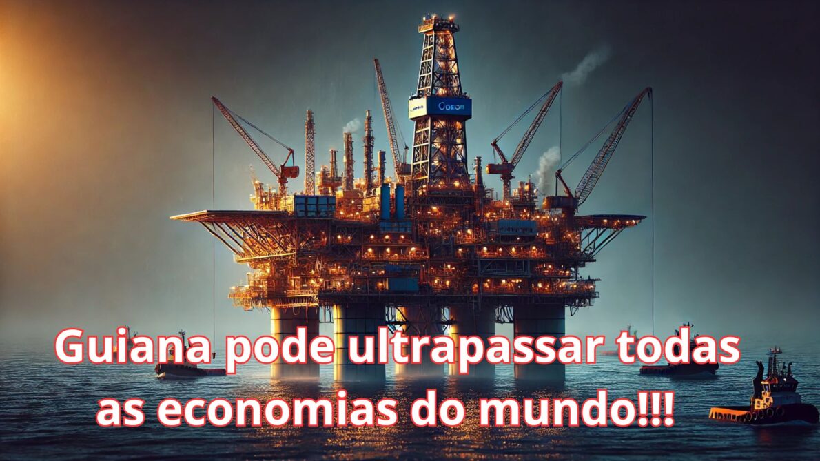 Plataforma de petróleo no mar com a legenda "Guiana pode ultrapassar todas as economias do mundo