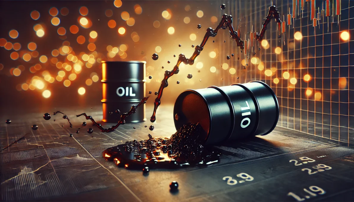 Imagem mostrando barris de petróleo derramados e gráfico em queda simbolizando a queda do preço do petróleo Brent e seus impactos