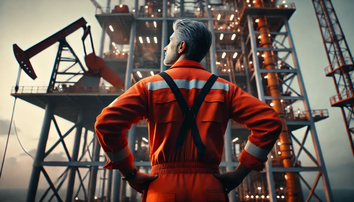 Homem brasileiro de macacão laranja em frente a uma plataforma de petróleo, representando uma excelente oportunidade de trabalho.