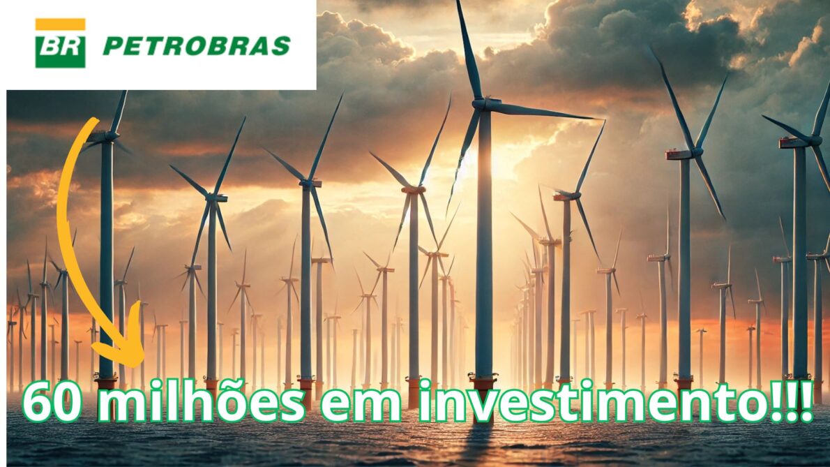 Imagem de turbinas eólicas offshore no Brasil, representando um investimento milionário em energia renovável, com céu dramático e alta resolução.