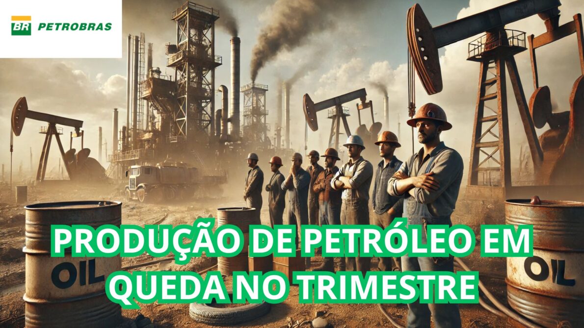 Trabalhadores em campo petrolífero com torres e máquinas de extração ao fundo, destacando a queda na produção de petróleo no trimestre.