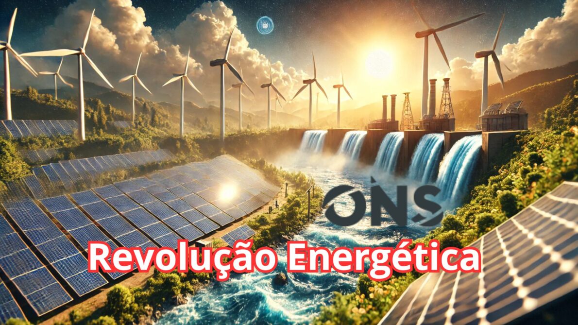 Paisagem fotorealista de fontes de energia renovável com painéis solares, turbinas eólicas e uma usina hidrelétrica em cenário sustentável.