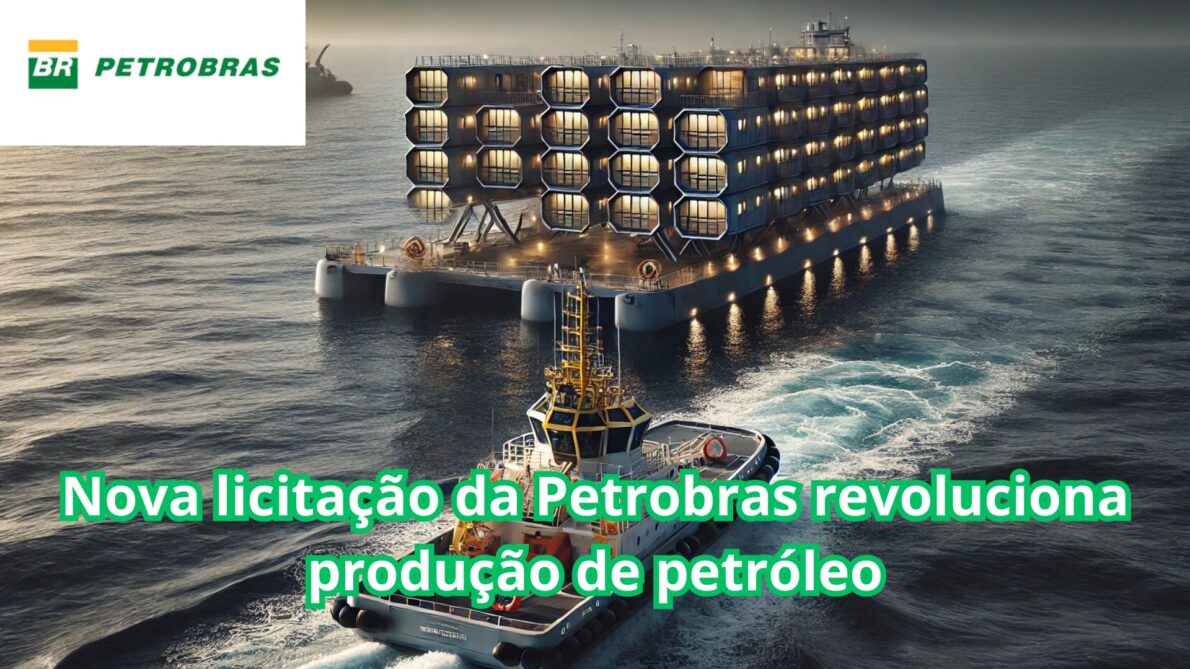 Plataforma flutuante inovadora da Petrobras com rebocador, destacando nova licitação para produção de petróleo