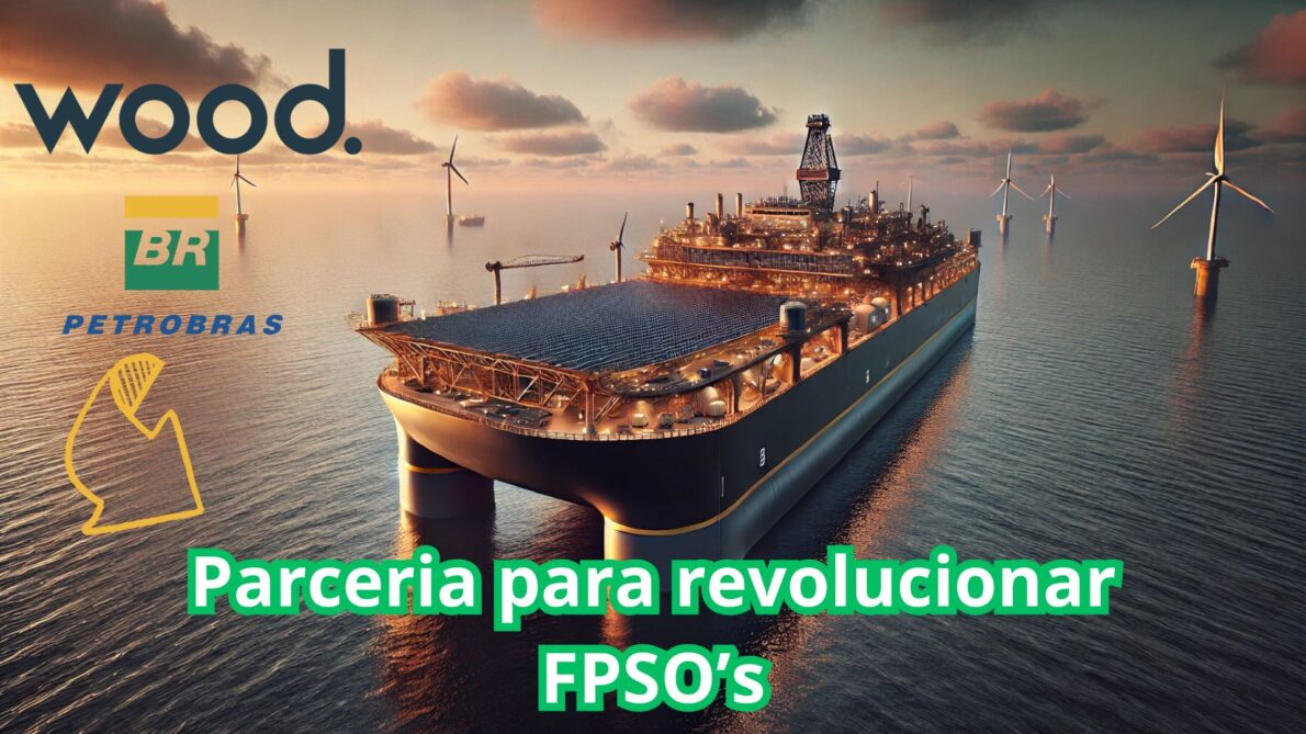 FPSO flutuante brasileiro com design sustentável, incorporando turbinas eólicas e painéis solares.