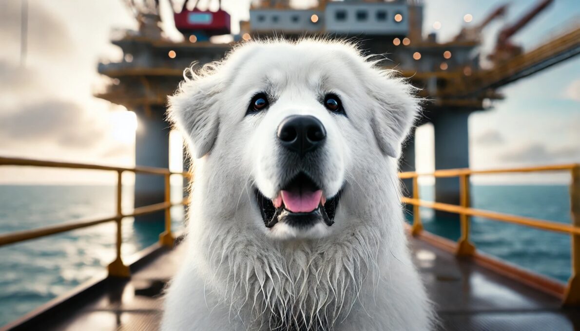 Retrato de um cachorro da raça Akbash, branco, em uma plataforma de petróleo