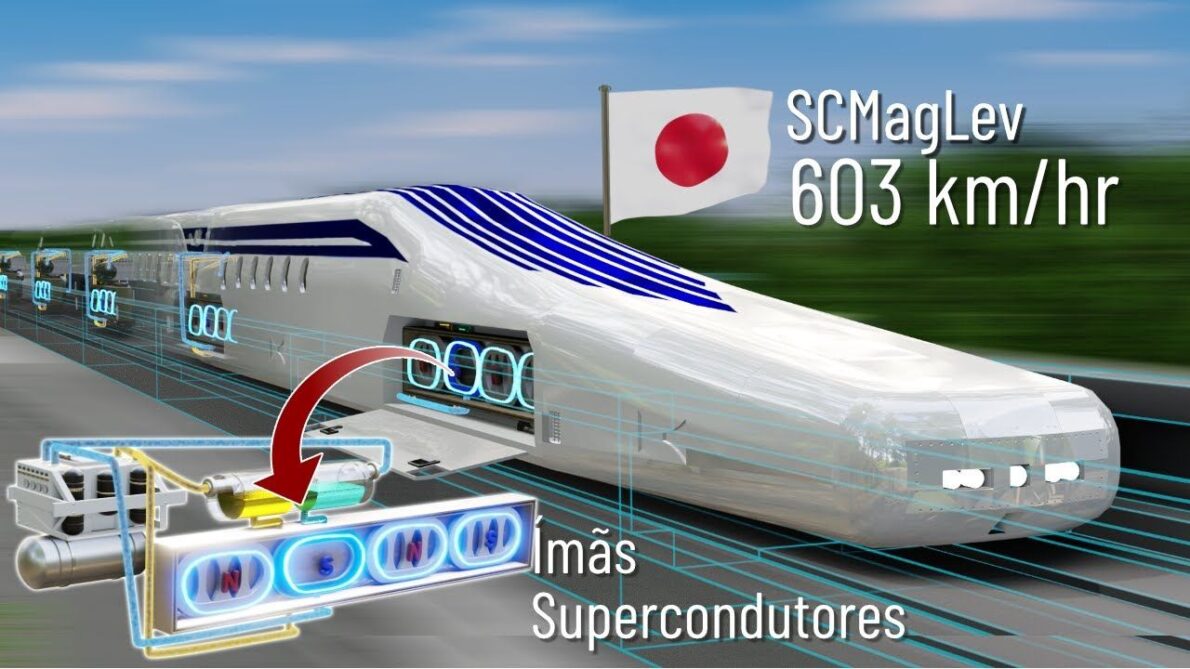 Trem Maglev do Japão: Utilizando a levitação magnética, ele literalmente flutua a 10 centímetros acima dos trilhos, alcançando velocidades impressionantes de até 600 km/h